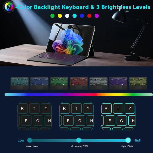 Alt view image 2 of 7 - BONAEVER Type Cover for Microsoft Surface Pro 12 inch 2025 Keybaord, Ultra Slim Wireless Bluetooth Surface Pro Keyboard with 7-Color LED Backlit & Multi-Touch Trackpad Rechargeable Battery