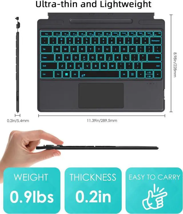 Alt view image 3 of 7 - BONAEVER Type Cover for 13 inch Microsoft Surface Pro 11 / Pro 10 / Pro  9 / Pro 8 / Pro X, Portable Bluetooth Wireless 7-Color Backlit Surface Pro 9/8/X Keyboard with Touchpad/Pencil Holder