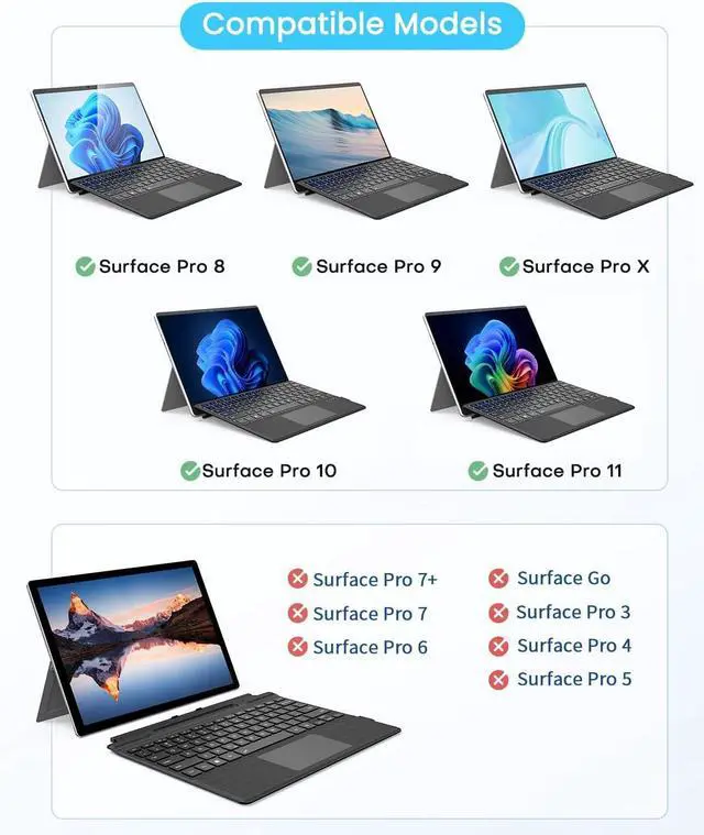 Alt view image 2 of 7 - BONAEVER Type Cover for 13 inch Microsoft Surface Pro 11 / Pro 10 / Pro  9 / Pro 8 / Pro X, Portable Bluetooth Wireless 7-Color Backlit Surface Pro 9/8/X Keyboard with Touchpad/Pencil Holder