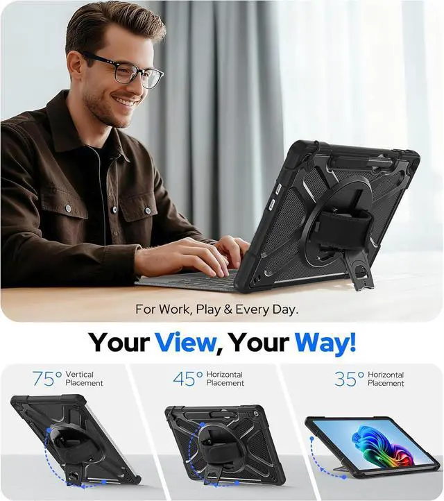 Alt view image 3 of 7 - BONAEVER Case for Microsoft Surface Pro 12 inch 2025, Heavy Duty Shockproof Protective Cover with 360° Rotating Kickstand, Hand & Shoulder Strap, Type Cover Keyboard Compatible