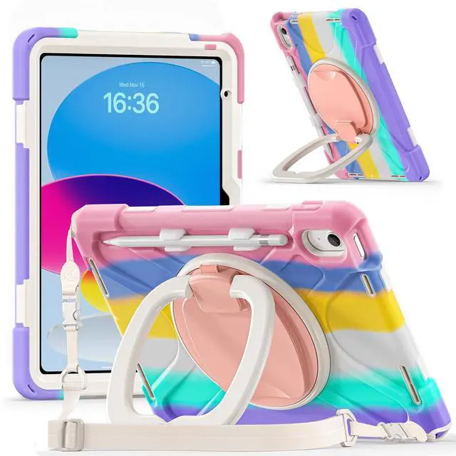 Main image of BONAEVER Case for iPad (A16) 11th/10th Generation 11/10.9 inch 2025/2022 Heavy Duty Shockproof Protective Cover with Pencil Holder 360° Rotating Stand Handle & Shoulder Strap Rainbow