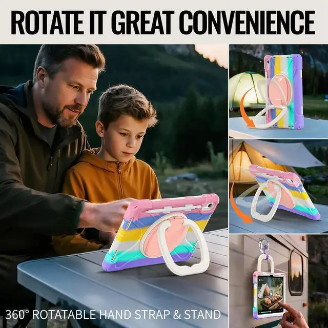 Alt view image 6 of 7 - BONAEVER Case for iPad (A16) 11th/10th Generation 11/10.9 inch 2025/2022 Heavy Duty Shockproof Protective Cover with Pencil Holder 360° Rotating Stand Handle & Shoulder Strap Rainbow