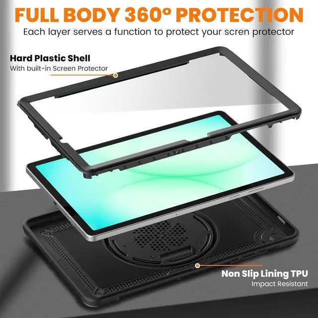 Alt view image 7 of 7 - Case for Samsung Galaxy Tab A11 Plus / A9 Plus 2025 2023 with Screen Protector, Hand/Shoulder Strap & 360° Rotate Stand, Pencil Holder, Full-Body Drop Protection for Tab A11+/A9+ 11 Inch Tablet, Black