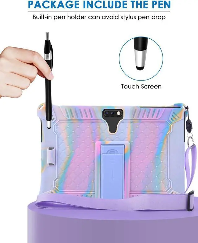Alt view image 3 of 7 - Silicone Case for Feonal 10 inch Tablet, Winsing MTK 10 inch, WECOOL WM1001R 10 inch, MEBERRY 10.1 inch, ANTEMPER Touch 10.1 GOWIN Touch 10.1 with Stand, Shoulder Strap, Stylus Pen Purple