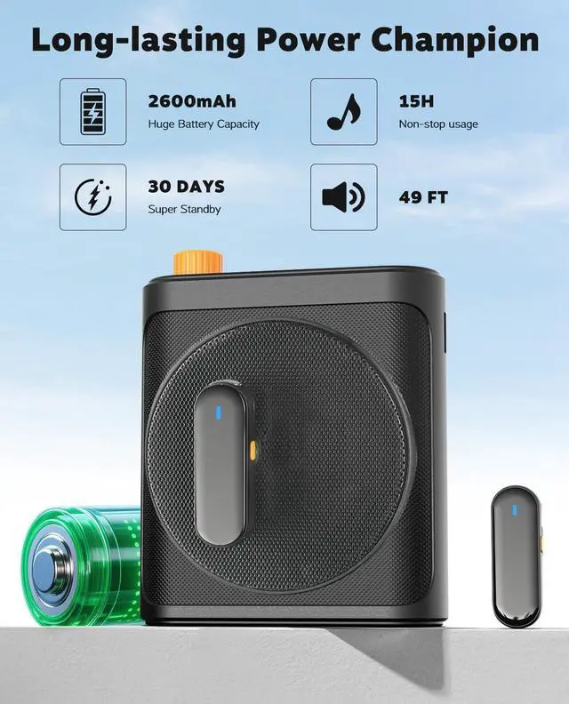 Alt view image 5 of 7 - 15W Wireless Voice Amplifier with 2 Magnetic Lavalier Mics & Noise Reduction - Bluetooth 5.3 PA System for Teachers, Tour Guide, Yoga - 15H Rechargeable Battery, Waist-Mount Design (White) Black