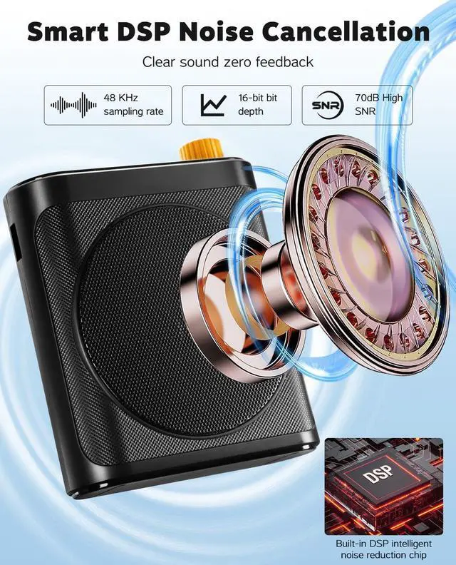 Alt view image 6 of 7 - 15W Wireless Voice Amplifier with 2 Magnetic Lavalier Mics & Noise Reduction - Bluetooth 5.3 PA System for Teachers, Tour Guide, Yoga - 15H Rechargeable Battery, Waist-Mount Design (White) Black