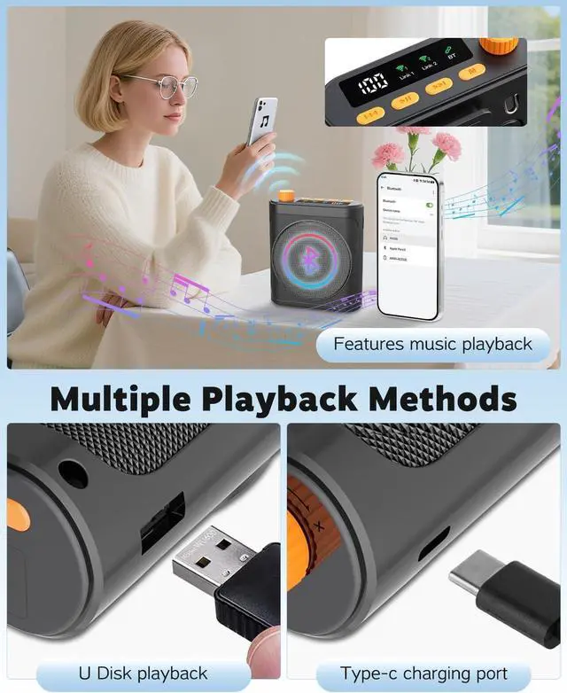 Alt view image 3 of 7 - 15W Wireless Voice Amplifier with 2 Magnetic Lavalier Mics & Noise Reduction - Bluetooth 5.3 PA System for Teachers, Tour Guide, Yoga - 15H Rechargeable Battery, Waist-Mount Design (White) Black