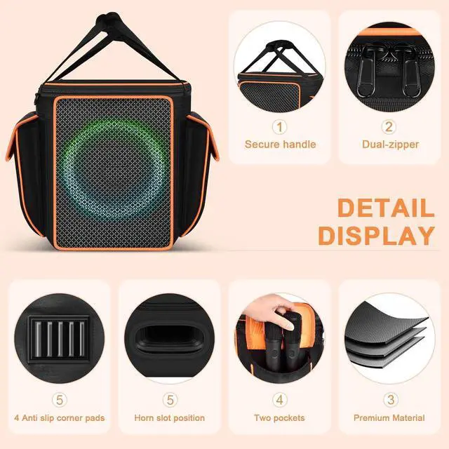 Alt view image 4 of 7 - Carrying Case for JBL Partybox Encore Essential/Essential 2 Speaker, Portable Bluetooth Speaker Holder Bag with 2 Pockets for PartyBox Microphones, Charger, Cable and Accessories (Box Only) -Black