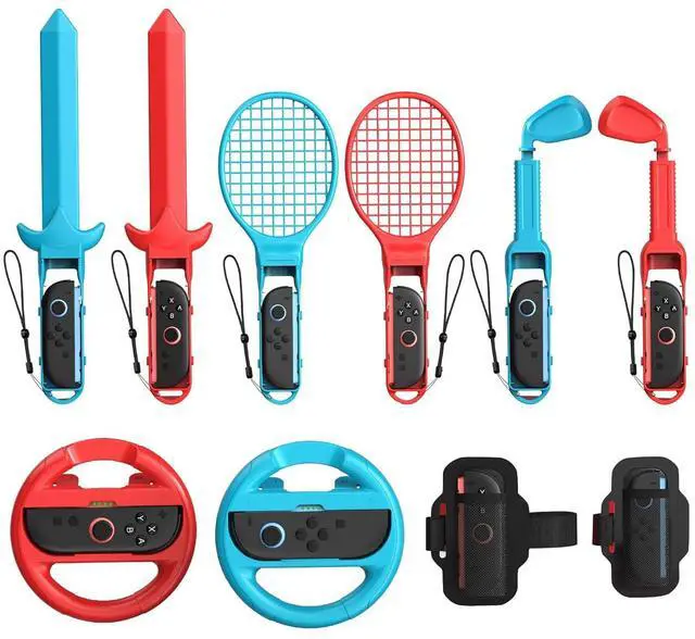 Main image of Sports Accessories Bundle Compatible with Switch 2 for Switch Sports Games, 10 in 1 Switch 2 Family Accessories Kit with Steering Wheels,Strap,Golf Clubs,Tennis Rackets,Sword Grips, Compatible with Ni