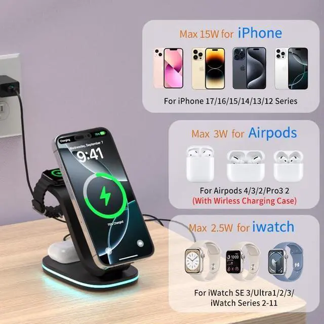 Alt view image 2 of 7 - 3 in 1 Wireless Charging Station for Qi2 Apple Multiple Devices, 30W USB C Adapter&Light, Fast Mag-Safe Charger Stand Compatible with iPhone17 16 15 Pro Max, Apple Watch Series 11 10 & Airpods 4 3 Pro