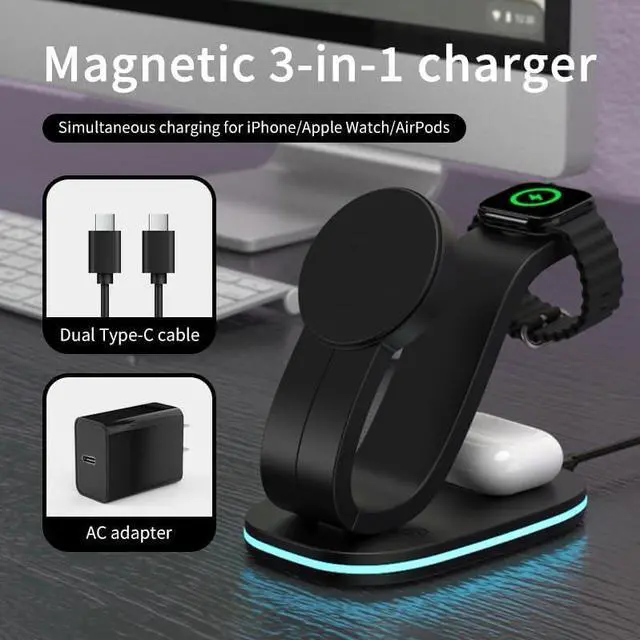 Alt view image 3 of 7 - 3 in 1 Wireless Charging Station for Qi2 Apple Multiple Devices, 30W USB C Adapter&Light, Fast Mag-Safe Charger Stand Compatible with iPhone17 16 15 Pro Max, Apple Watch Series 11 10 & Airpods 4 3 Pro