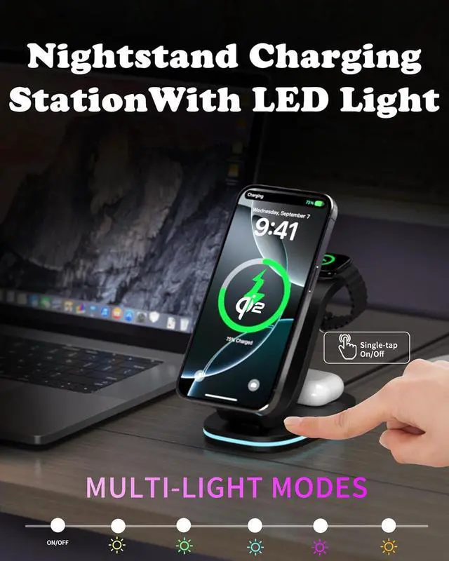 Alt view image 6 of 7 - 3 in 1 Wireless Charging Station for Qi2 Apple Multiple Devices, 30W USB C Adapter&Light, Fast Mag-Safe Charger Stand Compatible with iPhone17 16 15 Pro Max, Apple Watch Series 11 10 & Airpods 4 3 Pro