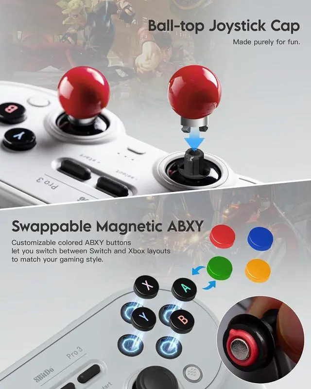 Alt view image 3 of 7 - 8Bitdo Pro 3 Bluetooth Controller for Switch/Switch 2 - TMR Joysticks, Swappable ABXY Buttons, Pro Back Buttons, Charging Dock, Hall Effect Triggers, Windows/Apple/Android