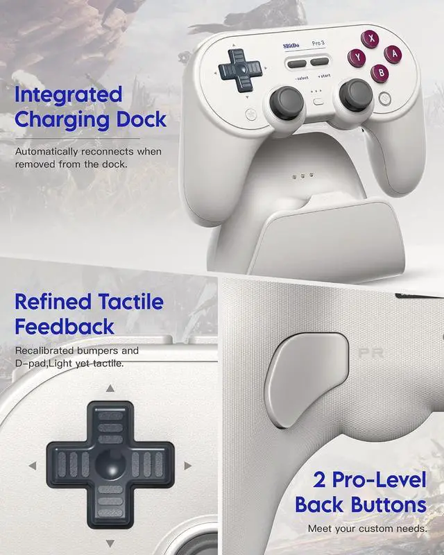 Alt view image 3 of 7 - 8Bitdo Pro 3 Bluetooth Controller for Switch/Switch 2 - TMR Joysticks, Swappable ABXY Buttons, Pro Back Buttons, Charging Dock, Hall Effect Triggers, Windows/Apple/Android Classic