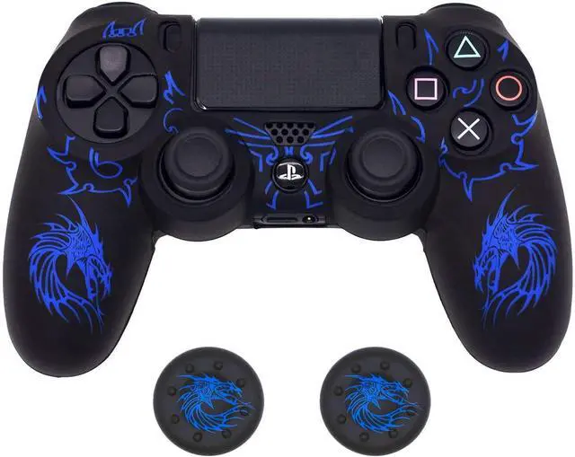 Main image of Skin for PS4 Controller, BRHE Anti-Slip Grip Silicone Cover Protector Case Compatible with PS4 Slim/Pro Wireless/Wired Gamepad Controller with 2 Dragon Carving Thumb Grip Caps Blue