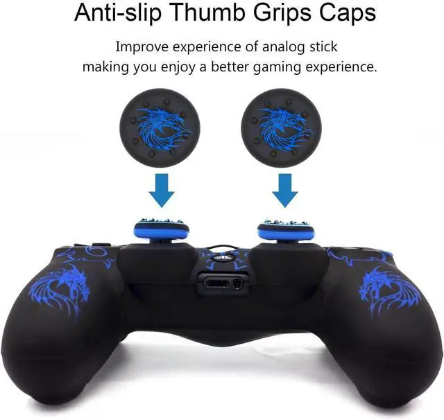 Alt view image 3 of 7 - Skin for PS4 Controller, BRHE Anti-Slip Grip Silicone Cover Protector Case Compatible with PS4 Slim/Pro Wireless/Wired Gamepad Controller with 2 Dragon Carving Thumb Grip Caps Blue