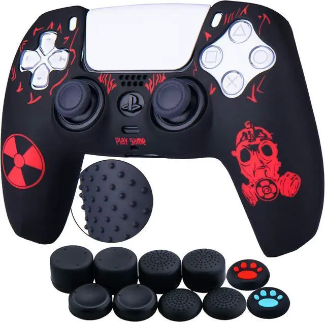 Main image of Silicone Rubber Back Dots Carving Customizing Skin Cover for PS5 Controller x 1(Radiation Red) with Pro Thumb Grips x 10
