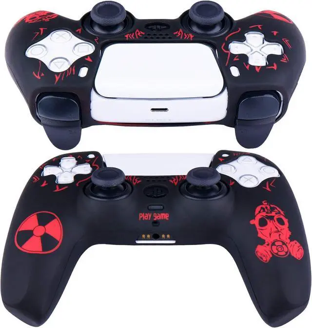 Alt view image 5 of 6 - Silicone Rubber Back Dots Carving Customizing Skin Cover for PS5 Controller x 1(Radiation Red) with Pro Thumb Grips x 10