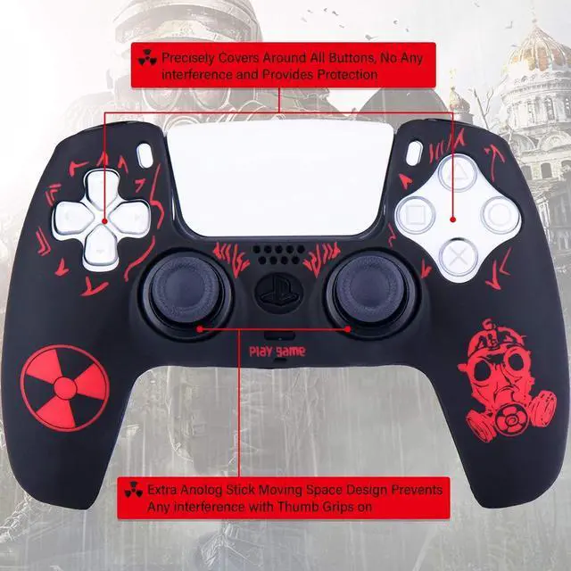 Alt view image 2 of 6 - Silicone Rubber Back Dots Carving Customizing Skin Cover for PS5 Controller x 1(Radiation Red) with Pro Thumb Grips x 10