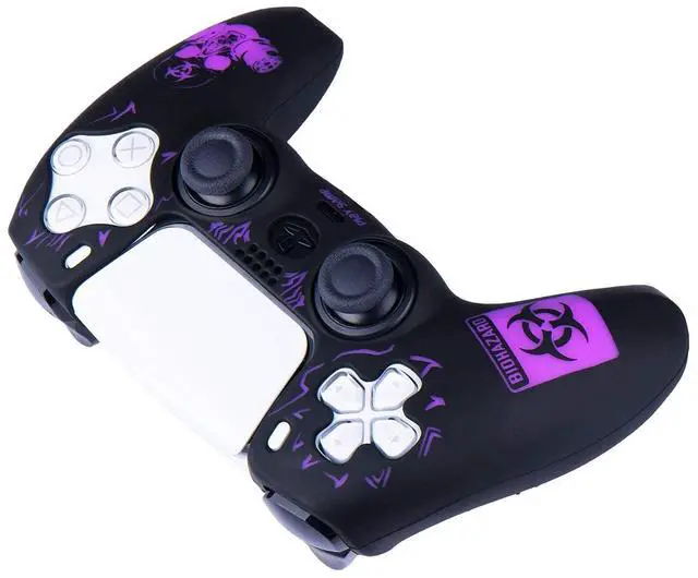 Alt view image 4 of 6 - Silicone Rubber Back Dots Carving Customizing Skin Cover for PS5 Controller x 1(Radiation Red) with Pro Thumb Grips x 10 Purple