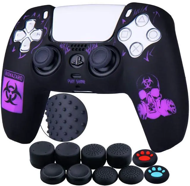 Main image of Silicone Rubber Back Dots Carving Customizing Skin Cover for PS5 Controller x 1(Radiation Red) with Pro Thumb Grips x 10 Purple