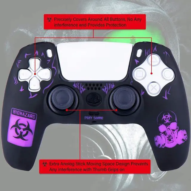Alt view image 2 of 6 - Silicone Rubber Back Dots Carving Customizing Skin Cover for PS5 Controller x 1(Radiation Red) with Pro Thumb Grips x 10 Purple