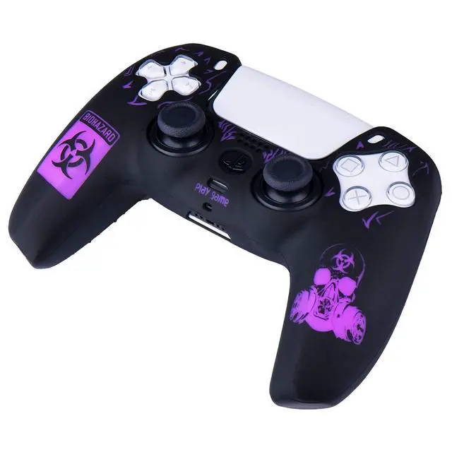 Alt view image 6 of 6 - Silicone Rubber Back Dots Carving Customizing Skin Cover for PS5 Controller x 1(Radiation Red) with Pro Thumb Grips x 10 Purple