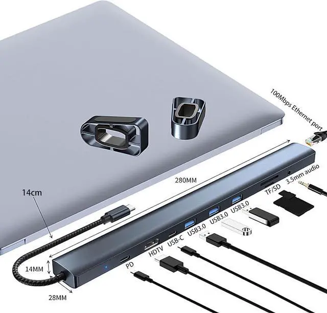 Alt view image 3 of 7 - USB C Hub Multiport Adapter, 10-in-1 Docking Station with 4K HDMI, USB-C, 3 USB 3.0, SD/TF Card Reader, Audio, 100W PD, RJ45 Ethernet Compatible with MacBook Pro/Air, Dell, HP, Lenovo