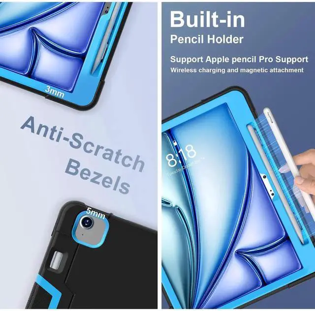 Alt view image 5 of 7 - BONAEVER Case for iPad Air 11 inch M4 2026 / M3 2025 / iPad Air 11 M2 2024 with Pencil Holder Heavy Duty Rugged Protective Cover with Kickstand Stylus Pen Blue