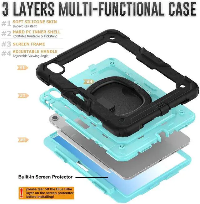 Alt view image 7 of 7 - BONAEVER Case for iPad Air 11 inch M2 M3 M4 2026 2025 2024, Shockproof Protective Cover with Screen Protector, Rotating Stand, Hand/Shoulder Strap, Pencil Holder Light Blue