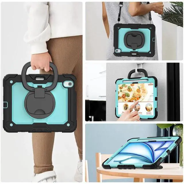 Alt view image 6 of 7 - BONAEVER Case for iPad Air 11 inch M2 M3 M4 2026 2025 2024, Shockproof Protective Cover with Screen Protector, Rotating Stand, Hand/Shoulder Strap, Pencil Holder Light Blue