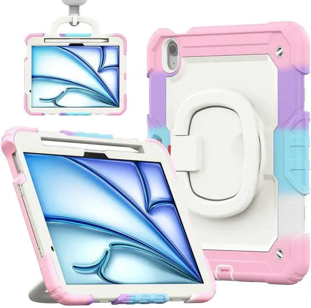 Main image of BONAEVER Case for iPad Air 11 inch M2 M3 M4 2026 2025 2024, Shockproof Protective Cover with Screen Protector, Rotating Stand, Hand/Shoulder Strap, Pencil Holder Pink