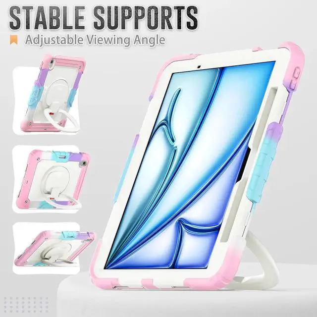 Alt view image 4 of 7 - BONAEVER Case for iPad Air 11 inch M2 M3 M4 2026 2025 2024, Shockproof Protective Cover with Screen Protector, Rotating Stand, Hand/Shoulder Strap, Pencil Holder Pink