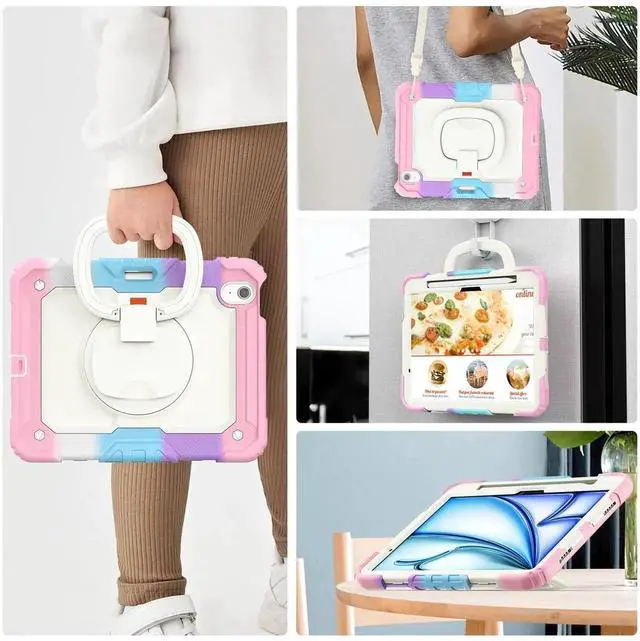 Alt view image 6 of 7 - BONAEVER Case for iPad Air 11 inch M2 M3 M4 2026 2025 2024, Shockproof Protective Cover with Screen Protector, Rotating Stand, Hand/Shoulder Strap, Pencil Holder Pink