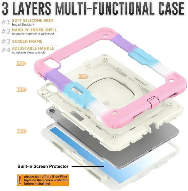 Alt view image 5 of 7 - BONAEVER Case for iPad Air 11 inch M2 M3 M4 2026 2025 2024, Shockproof Protective Cover with Screen Protector, Rotating Stand, Hand/Shoulder Strap, Pencil Holder Pink