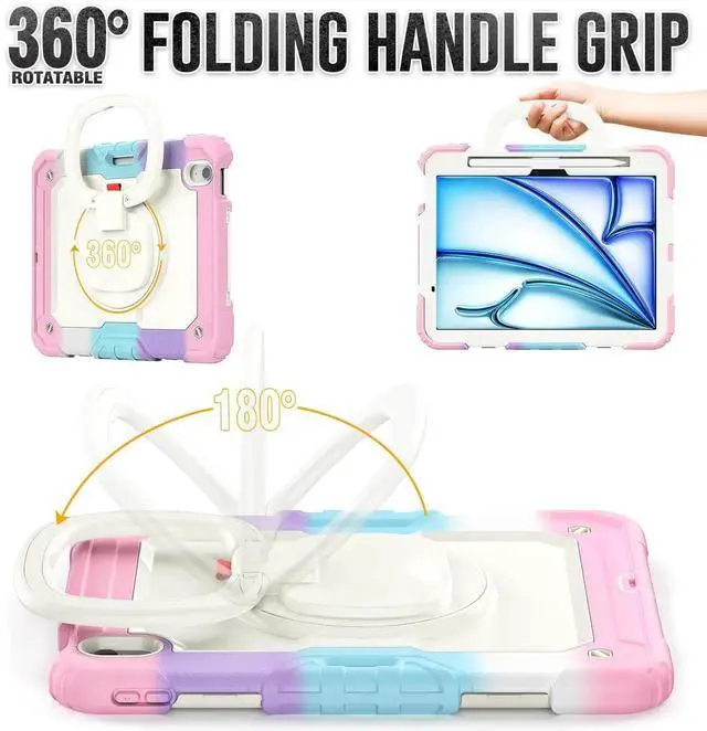 Alt view image 3 of 7 - BONAEVER Case for iPad Air 11 inch M2 M3 M4 2026 2025 2024, Shockproof Protective Cover with Screen Protector, Rotating Stand, Hand/Shoulder Strap, Pencil Holder Pink