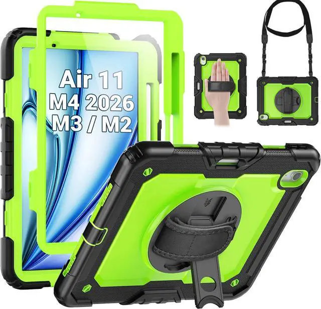 Main image of BONAEVER Case for iPad Air 11 inch 8th 7th 6th Generation M4 M3 M2 2026 2025 2024, Heavy Duty Shockproof Cover with Screen Protector, Stand and Hand/Shoulder Strap Green