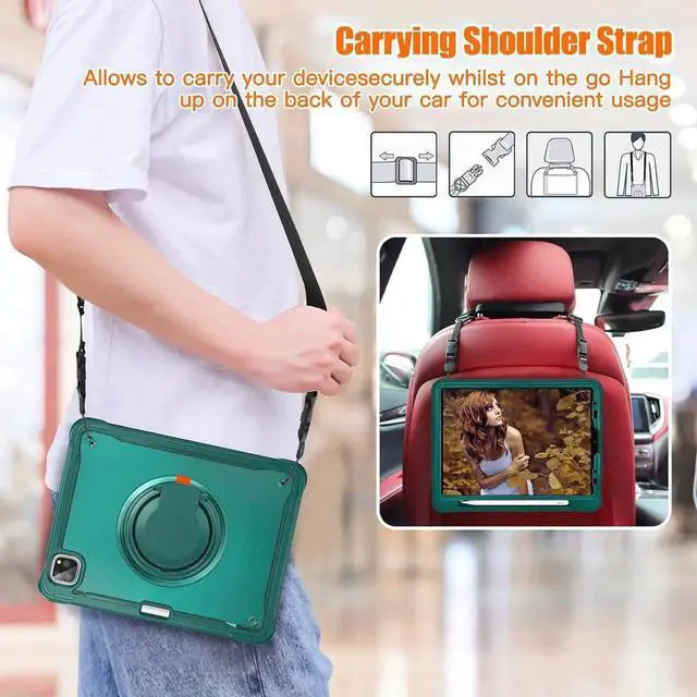 Alt view image 5 of 6 - BONAEVER Case for iPad Air 11 inch 2026 2025 2024 M4 M3 M2, iPad Air 5 Air 4 10.9 inch 2022 2020, iPad Pro 11 inch 4th 3rd 2nd 1st Gen Shockproof Cover with Pencil Holder Stand Shoulder Strap Green