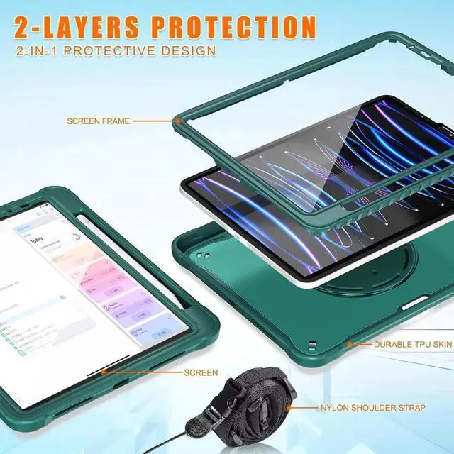 Alt view image 6 of 6 - BONAEVER Case for iPad Air 11 inch 2026 2025 2024 M4 M3 M2, iPad Air 5 Air 4 10.9 inch 2022 2020, iPad Pro 11 inch 4th 3rd 2nd 1st Gen Shockproof Cover with Pencil Holder Stand Shoulder Strap Green