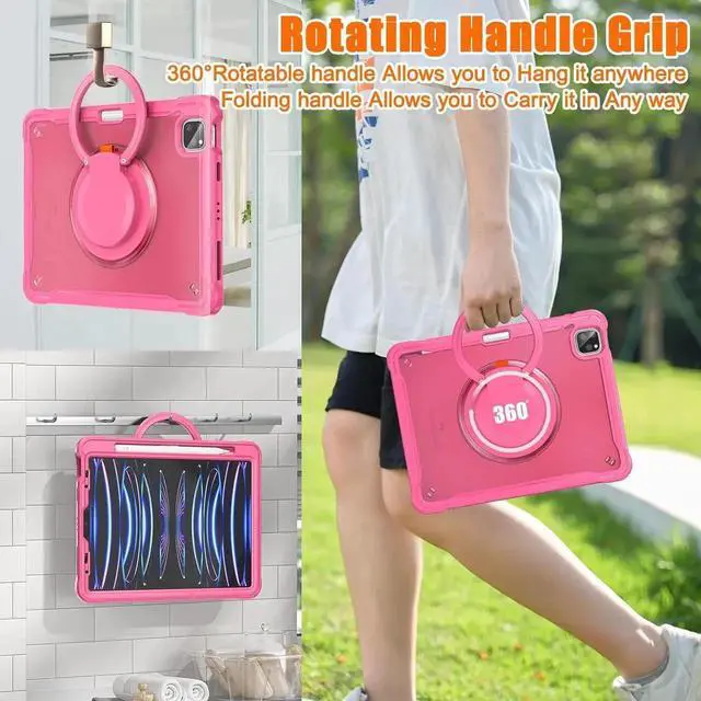 Alt view image 4 of 7 - BONAEVER Case for iPad Air 11 inch 2026 2025 2024 M4 M3 M2, iPad Air 5 Air 4 10.9 inch 2022 2020, iPad Pro 11 inch 4th 3rd 2nd 1st Gen Shockproof Cover with Pencil Holder Stand Shoulder Strap Rose Red