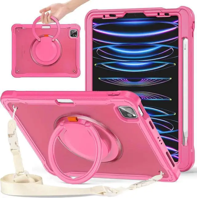 Main image of BONAEVER Case for iPad Air 11 inch 2026 2025 2024 M4 M3 M2, iPad Air 5 Air 4 10.9 inch 2022 2020, iPad Pro 11 inch 4th 3rd 2nd 1st Gen Shockproof Cover with Pencil Holder Stand Shoulder Strap Rose Red