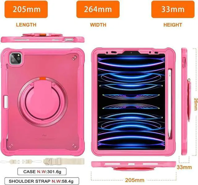 Alt view image 7 of 7 - BONAEVER Case for iPad Air 11 inch 2026 2025 2024 M4 M3 M2, iPad Air 5 Air 4 10.9 inch 2022 2020, iPad Pro 11 inch 4th 3rd 2nd 1st Gen Shockproof Cover with Pencil Holder Stand Shoulder Strap Rose Red