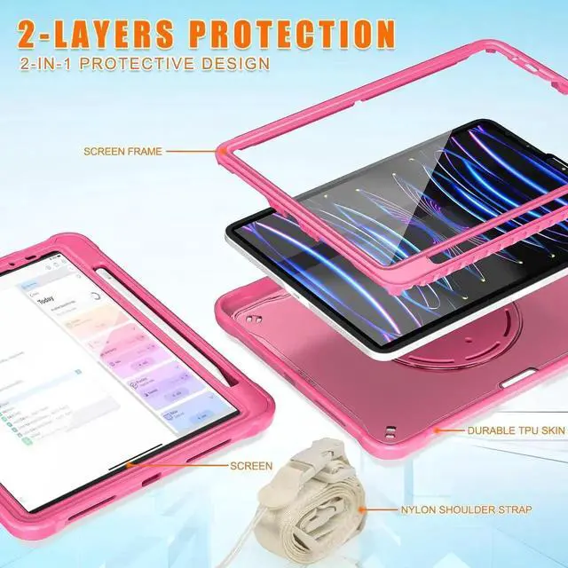Alt view image 5 of 7 - BONAEVER Case for iPad Air 11 inch 2026 2025 2024 M4 M3 M2, iPad Air 5 Air 4 10.9 inch 2022 2020, iPad Pro 11 inch 4th 3rd 2nd 1st Gen Shockproof Cover with Pencil Holder Stand Shoulder Strap Rose Red