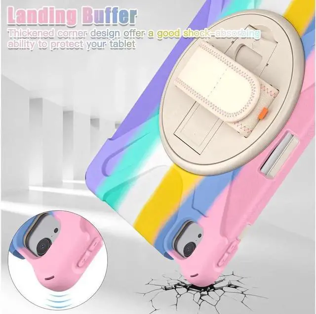 Alt view image 2 of 7 - Case for Apple iPad Air 11 inch (M4/M3/M2)/ Air 5th/4th Gen 10.9"/ Pro 11 inch 4th/3rd/2nd/1st Gen, Shockproof Protective Kids Case with Pencil Holder, Rotating Hand Strap & Stand Rainbow Pink