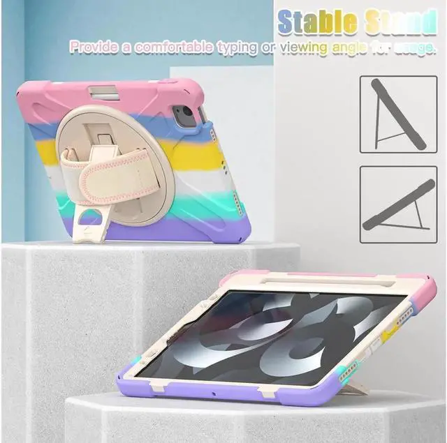 Alt view image 4 of 7 - Case for Apple iPad Air 11 inch (M4/M3/M2)/ Air 5th/4th Gen 10.9"/ Pro 11 inch 4th/3rd/2nd/1st Gen, Shockproof Protective Kids Case with Pencil Holder, Rotating Hand Strap & Stand Rainbow Pink