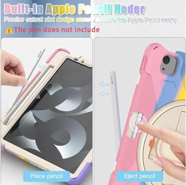 Alt view image 3 of 7 - Case for Apple iPad Air 11 inch (M4/M3/M2)/ Air 5th/4th Gen 10.9"/ Pro 11 inch 4th/3rd/2nd/1st Gen, Shockproof Protective Kids Case with Pencil Holder, Rotating Hand Strap & Stand Rainbow Pink