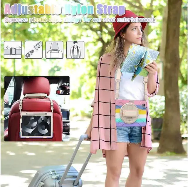 Alt view image 6 of 7 - Case for Apple iPad Air 11 inch (M4/M3/M2)/ Air 5th/4th Gen 10.9"/ Pro 11 inch 4th/3rd/2nd/1st Gen, Shockproof Protective Kids Case with Pencil Holder, Rotating Hand Strap & Stand Rainbow Pink