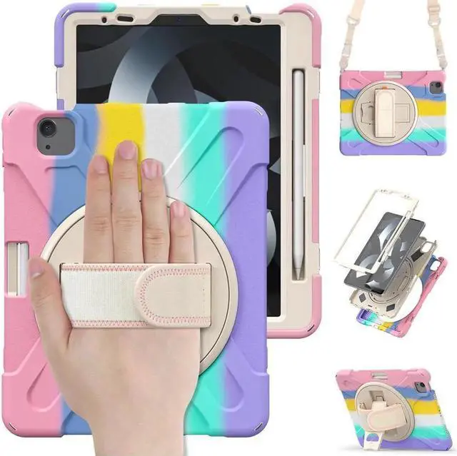 Main image of Case for Apple iPad Air 11 inch (M4/M3/M2)/ Air 5th/4th Gen 10.9"/ Pro 11 inch 4th/3rd/2nd/1st Gen, Shockproof Protective Kids Case with Pencil Holder, Rotating Hand Strap & Stand Rainbow Pink