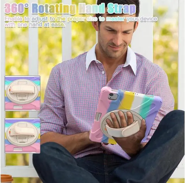 Alt view image 5 of 7 - Case for Apple iPad Air 11 inch (M4/M3/M2)/ Air 5th/4th Gen 10.9"/ Pro 11 inch 4th/3rd/2nd/1st Gen, Shockproof Protective Kids Case with Pencil Holder, Rotating Hand Strap & Stand Rainbow Pink