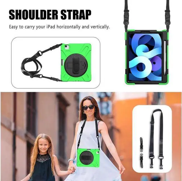 Alt view image 7 of 7 - Case for Apple iPad Air 11 inch (M4/M3/M2)/ Air 5th/4th Gen 10.9"/ Pro 11 inch 4th/3rd/2nd/1st Gen, Shockproof Protective Kids Case with Pencil Holder, Rotating Hand Strap & Stand Green